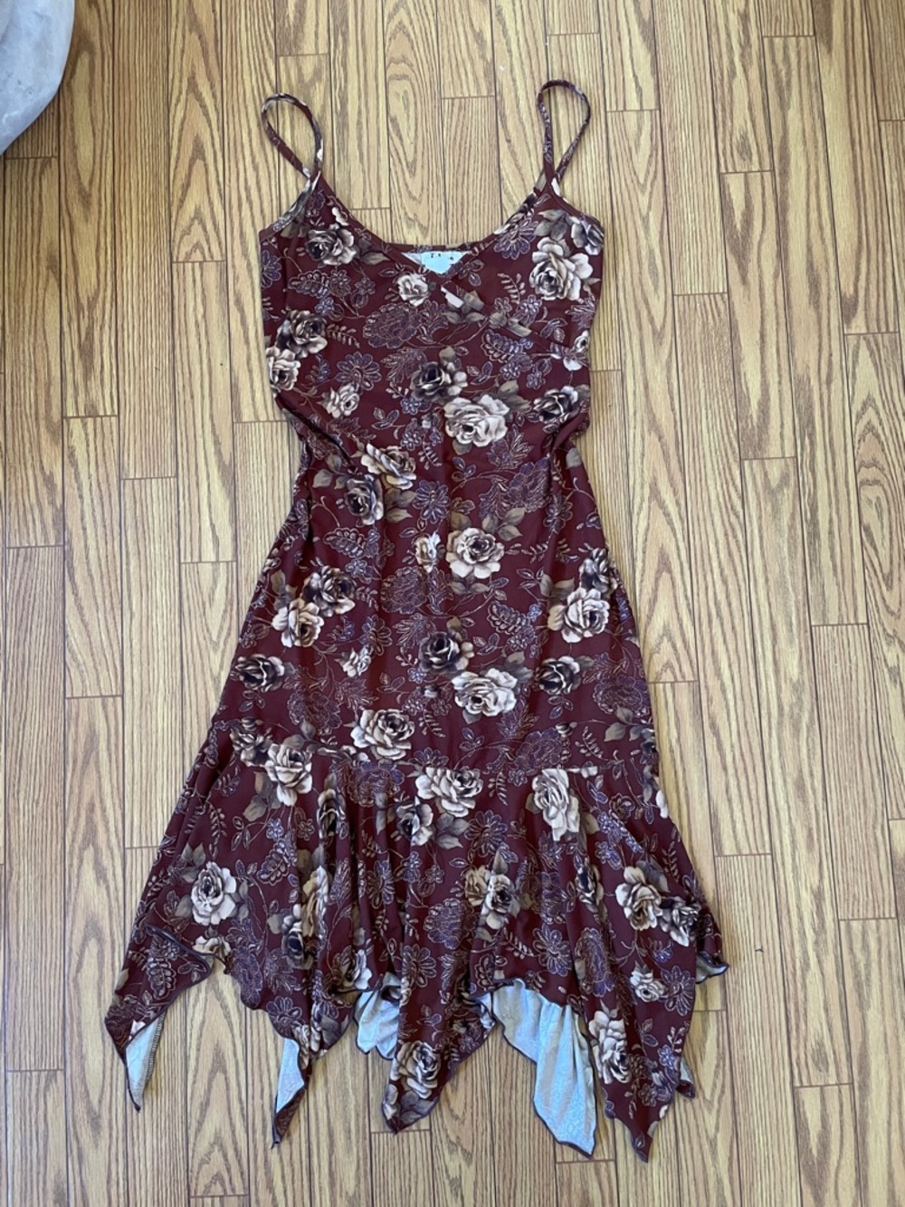Vintage 90s Taboo bohemian bandana/hankie hem brown floral summer dress size M